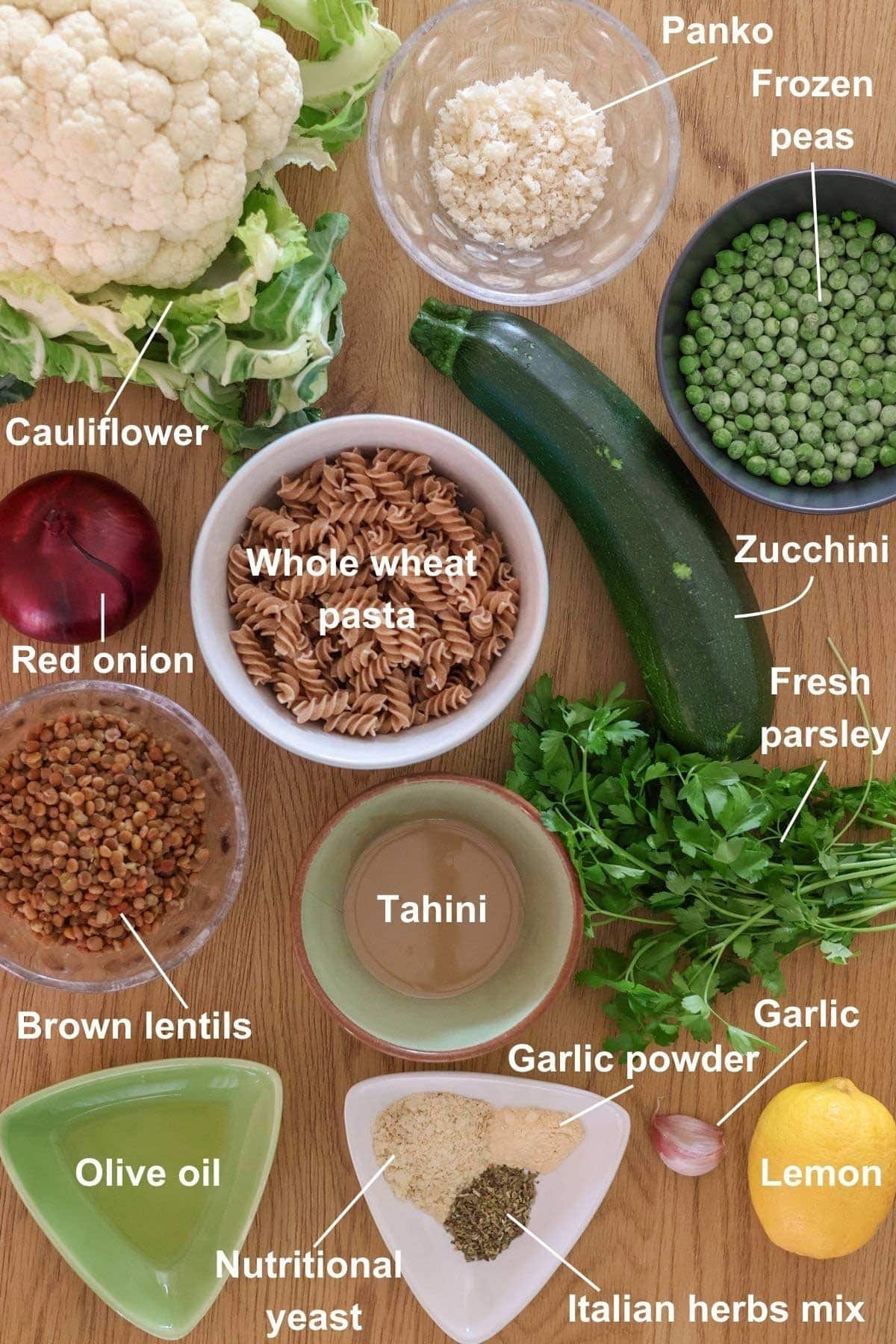 The ingredients for the recipe on a wooden table.