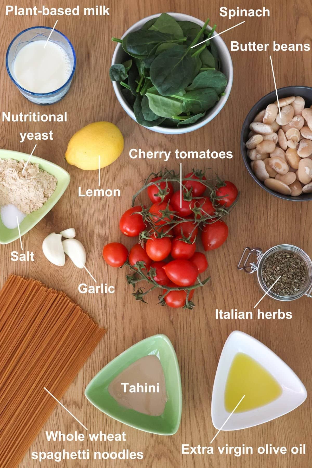 The ingredients for the recipe on a wooden table.