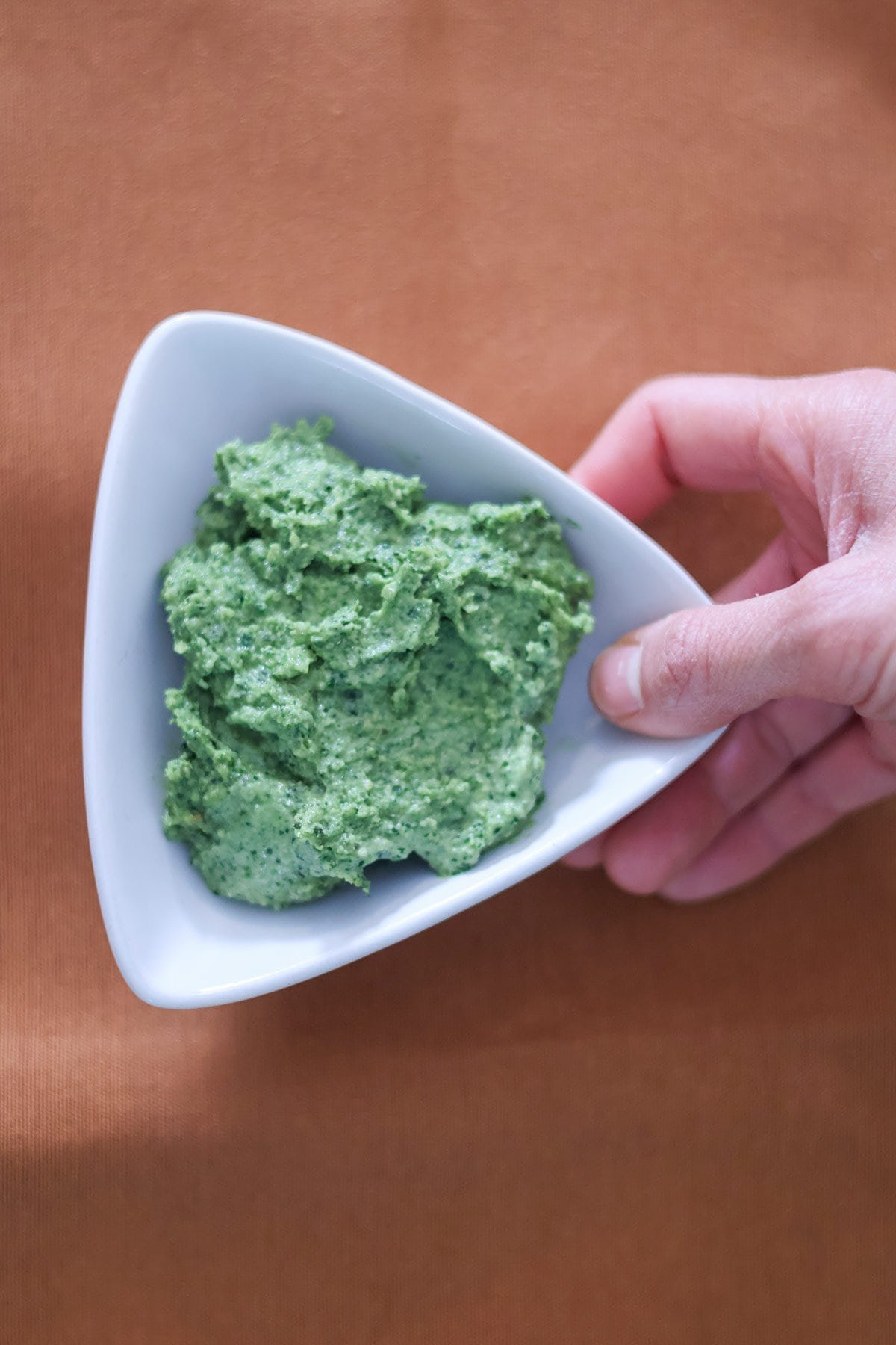 A hand holds a white bowl with vegan green pesto.