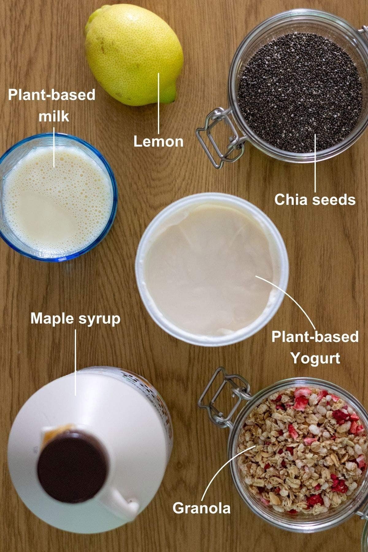 The ingredients for the lemon chia pudding recipe on a wooden table.