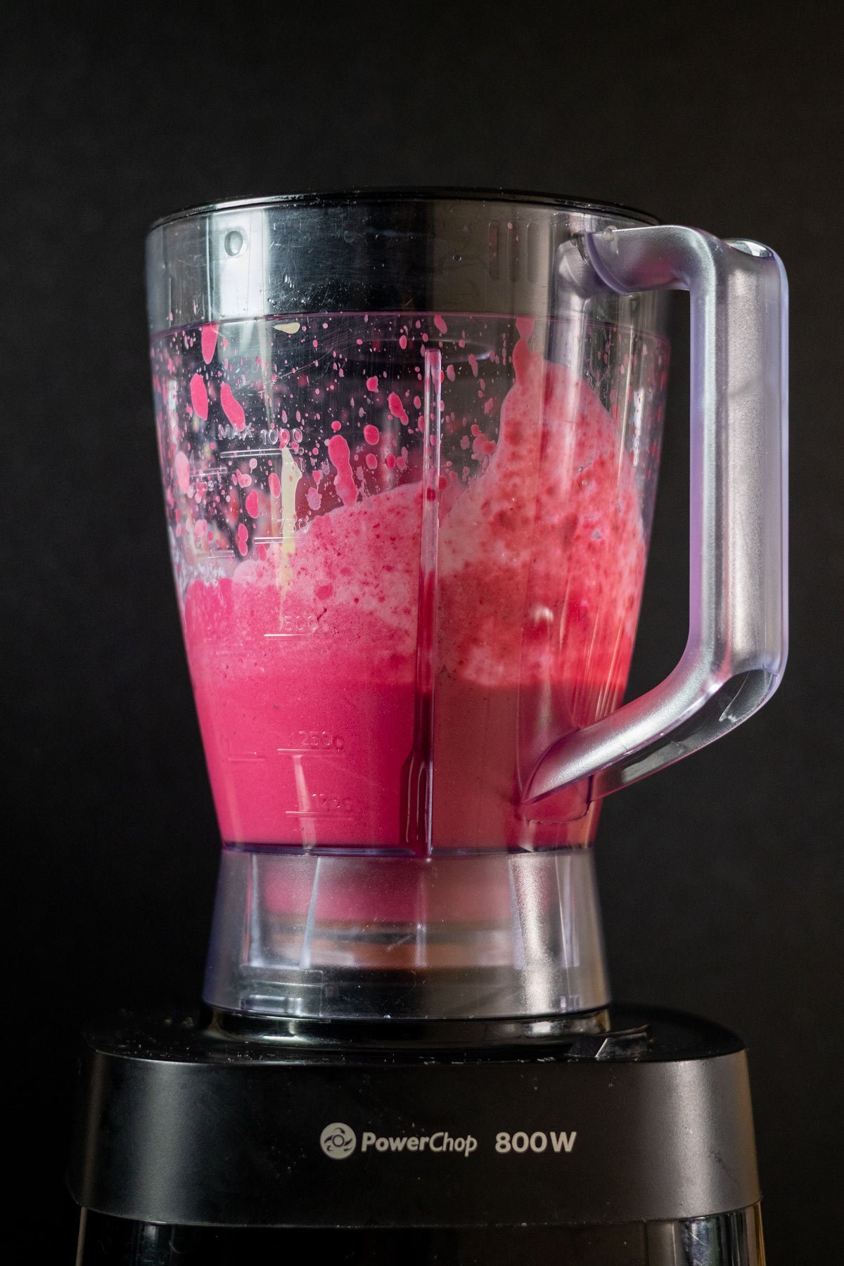 Beetroot pasta sauce in a blender.