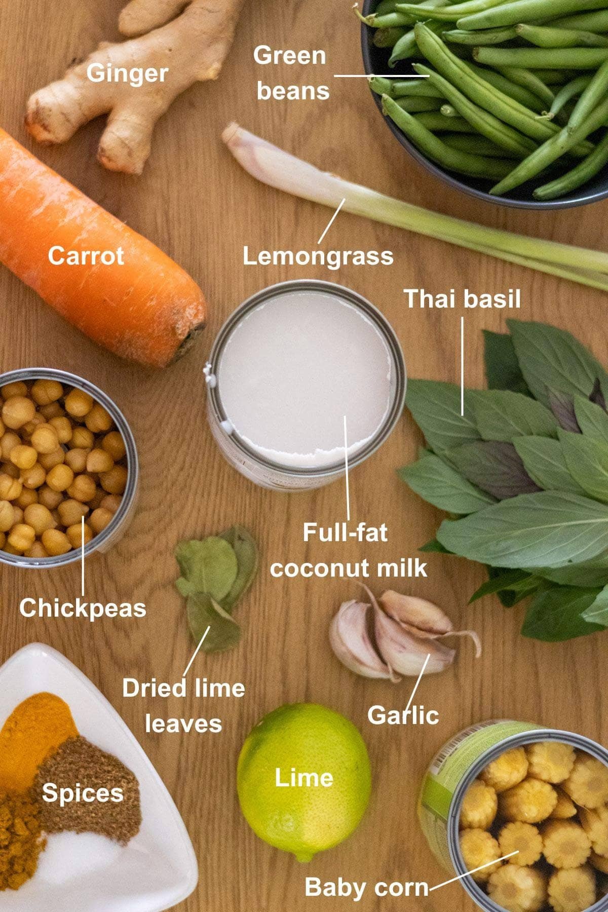 The ingredients for the Vegan Thai Yellow Curry recipe on a wooden table.