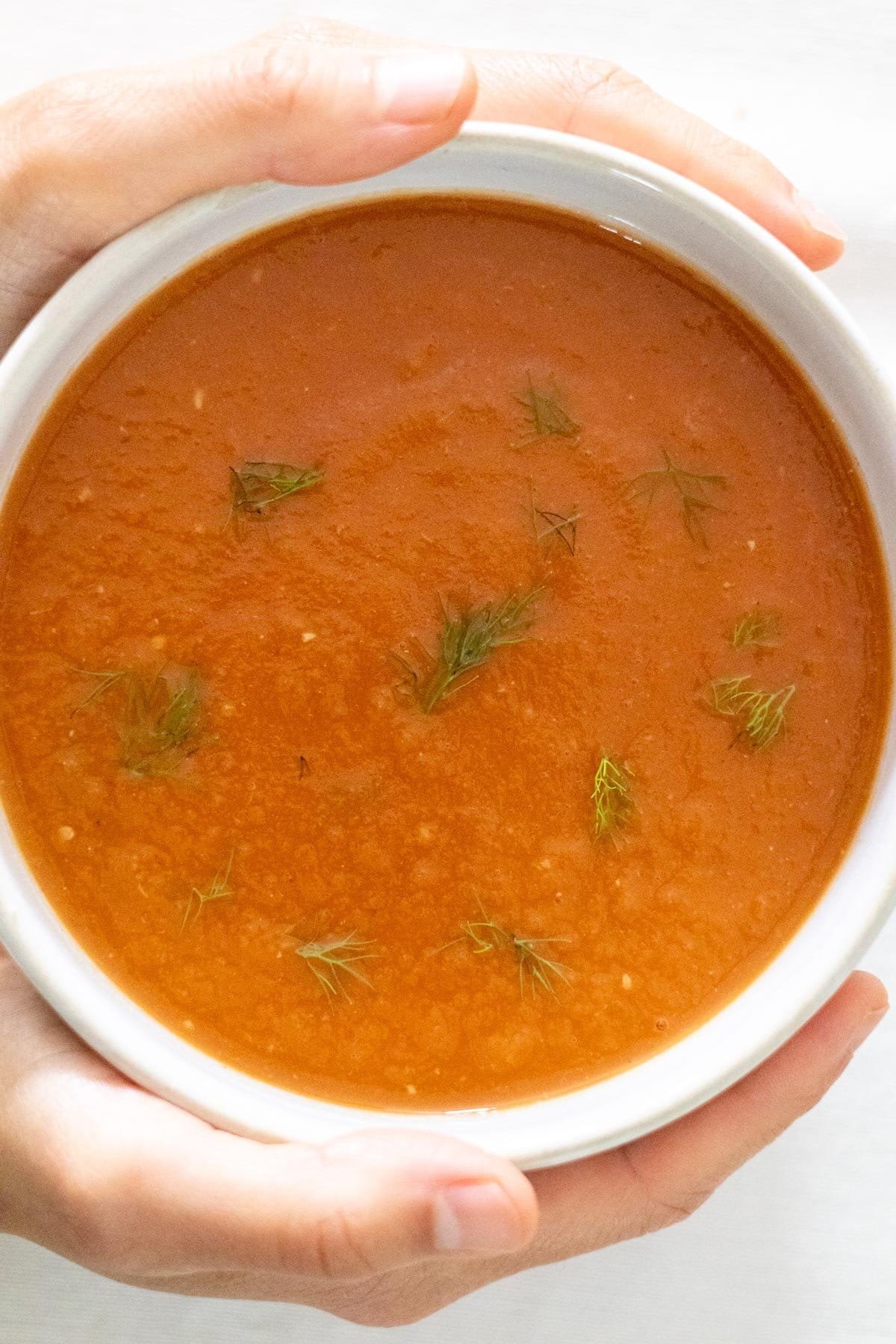 Two hands hold a white bowl filled with Tomato and Fennel Soup.