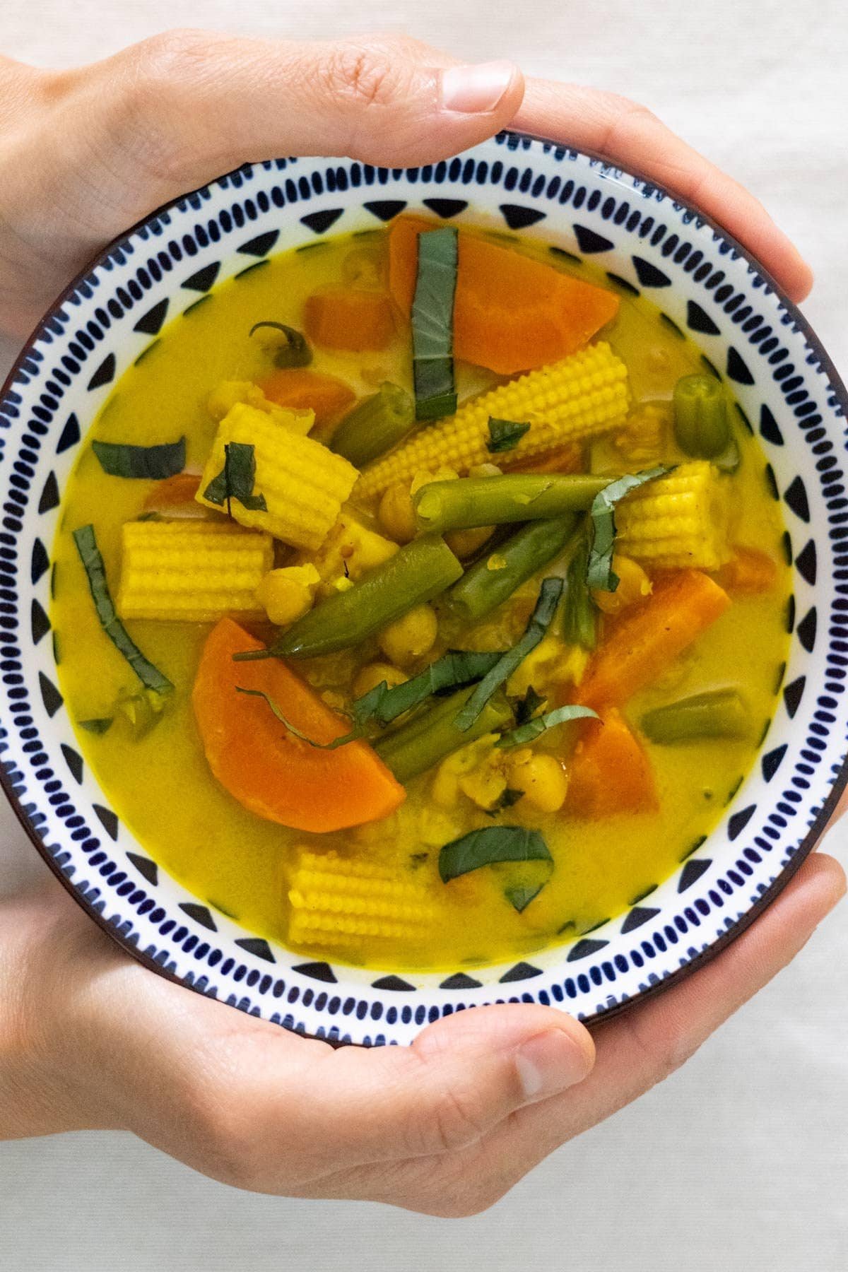 Two hands hold a blue and white bowl filled with Vegan Thai Yellow Curry with green beans, carrot, baby corn and chickpeas.