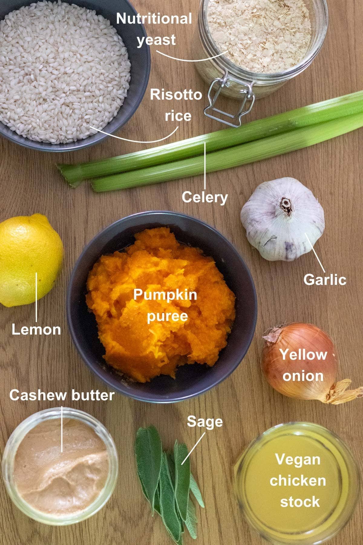 The ingredients for the pumpkin and sage risotto on a wooden table.