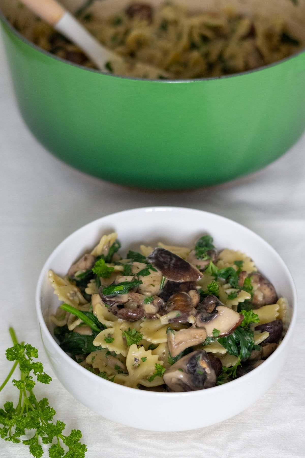 The Spinach and Mushroom Pasta in a white bowl with a big green pot filled with the pasta dish in the back.